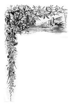 Floral chapter page design with castle by the water. From Chemin des Ecoliers, vintage engraving, 1876.
