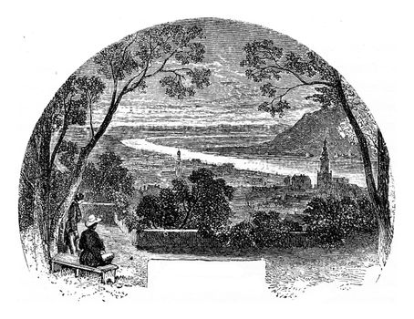 The terrace of the castle of Heidelberg, vintage engraved illustration. From Chemin des Ecoliers, 1861.
