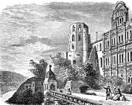 Heidelberg Castle, on the side of the terrace, vintage engraved illustration. From Chemin des Ecoliers, 1861.
