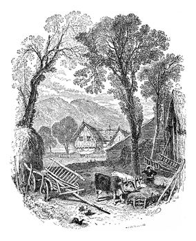 The farm of Tettingen, vintage engraved illustration. From Chemin des Ecoliers, 1861.
