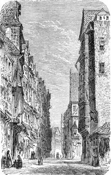 Judengasse today, vintage engraved illustration. From Chemin des Ecoliers, 1861.
