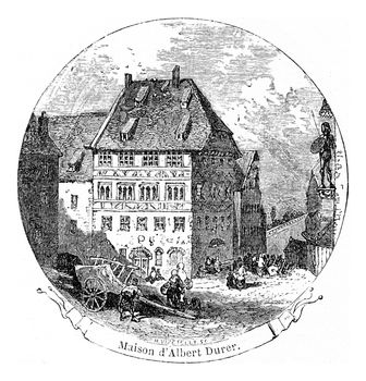 Albrecht Durer's House, vintage engraved illustration. From Chemin des Ecoliers, 1861.
