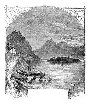 Mountain Rolandseck and Island Nonnenwerth, vintage engraved illustration. From Chemin des Ecoliers, 1861.
