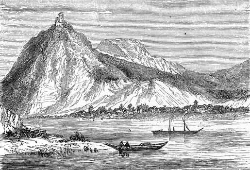 The Drachenfels, vintage engraved illustration. From Chemin des Ecoliers, 1861.
