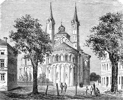 Basilica of the Holy Apostles, Cologne, vintage engraved illustration. From Chemin des Ecoliers, 1861.
