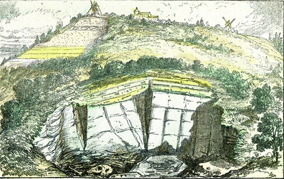 Montmartre buttes and quarries of clignancourt gypsum, vintage engraved illustration. From Natural Creation and Living Beings.

