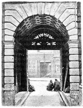 Portal Hotel de Sully, seen from the courtyard, vintage engraved illustration. Paris - Auguste VITU – 1890.
