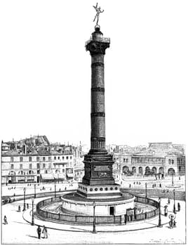 July Column and Place de la Bastille, vintage engraved illustration. Paris - Auguste VITU – 1890.