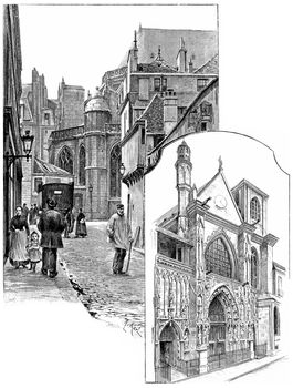 Apse of the church of Saint-Merry, Brisemiche street, Doors of Saint-Merry, rue Saint-Martin, vintage engraved illustration. Paris - Auguste VITU – 1890.