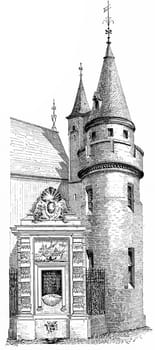 Fountain and Tower of Green wood, vintage engraved illustration. Paris - Auguste VITU – 1890.