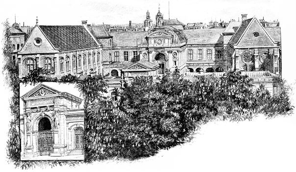 Front door and all of the National Conservatory of Arts and Crafts, vintage engraved illustration. Paris - Auguste VITU – 1890.