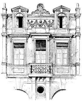 Detail of facade of the hotel Lamoignon, vintage engraved illustration. Paris - Auguste VITU – 1890.