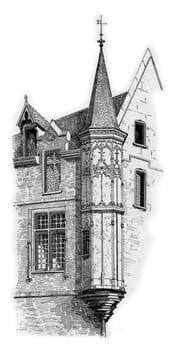 Turret at the corner of Vieille-du-Temple and Franks-Burgeois Streets in Marais, Paris, France. Vintage engraving.
