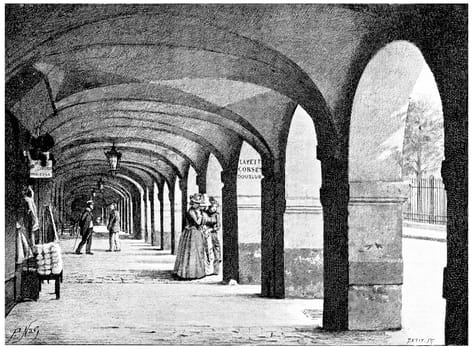 The arcades of the Place des Vosges, vintage engraved illustration. Paris - Auguste VITU – 1890.