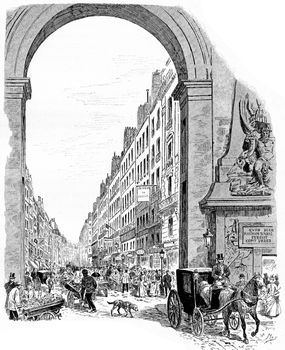 The entrance of the Faubourg Saint-Denis, vintage engraved illustration. Paris - Auguste VITU – 1890.