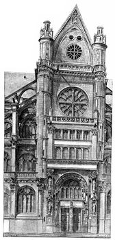 South portal of Saint-Eustache, vintage engraved illustration. Paris - Auguste VITU – 1890.