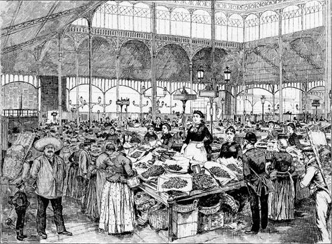 A Fish Market in Paris, France. Vintage engraving.
