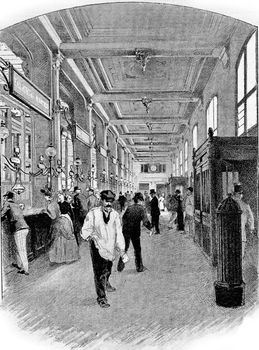 Lobby of the Hotel des Postes in Chartres, Paris, France. Vintage engraving.
