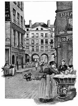 The arcades of the rue de la Ferronnerie, vintage engraved illustration. Paris - Auguste VITU – 1890.