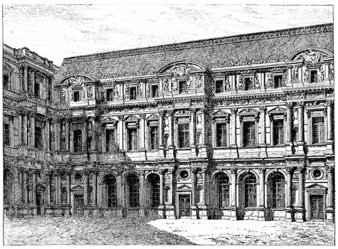 The old Louvre (front of Pierre Lescot), vintage engraved illustration. Paris - Auguste VITU – 1890.