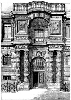 Louvre Palace. porte Jean Goujon, vintage engraved illustration. Paris - Auguste VITU – 1890.