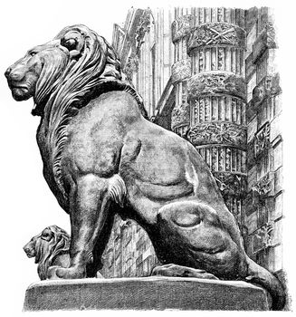 Barye lions at the gate of the Tuileries, vintage engraved illustration. Paris - Auguste VITU – 1890