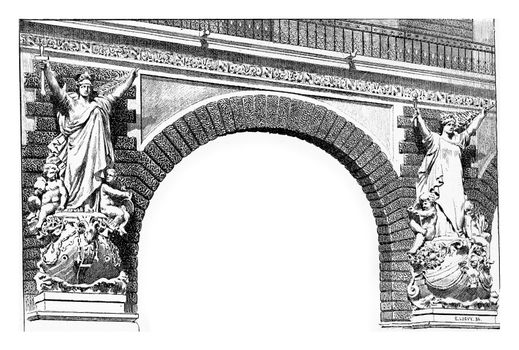 Classic style stone allegorical sculptures on the arch corners of the Pont du Carrousel bridge in Paris, France. Vintage engraving.
