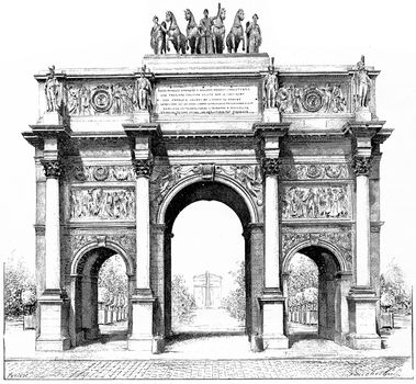 Triumphal arch of the Place du Carrousel, vintage engraved illustration. Paris - Auguste VITU – 1890.