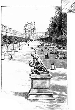 At the bottom of the terrace of feuillant, vintage engraved illustration. Paris - Auguste VITU – 1890.