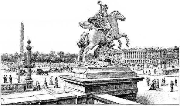 View from the terrace of the west on the Place de la Concorde, vintage engraved illustration. Paris - Auguste VITU – 1890.