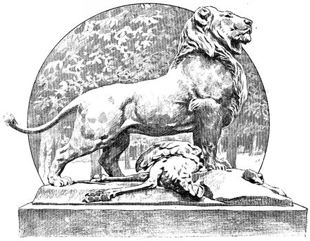 Cain a lion in the staggered Tuileries, vintage engraved illustration. Paris - Auguste VITU – 1890.