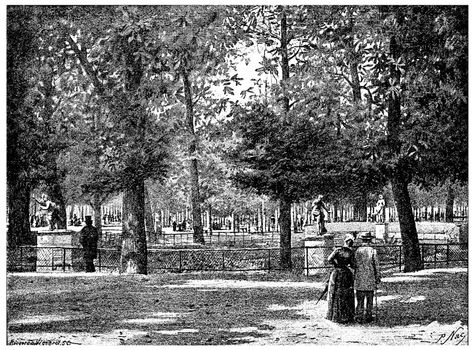Under the chestnut trees of the Tuileries, vintage engraved illustration. Paris - Auguste VITU – 1890.