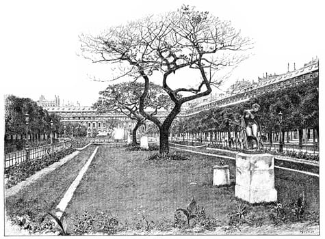 Royal-palace garden, the lawn of the south, vintage engraved illustration. Paris - Auguste VITU – 1890.