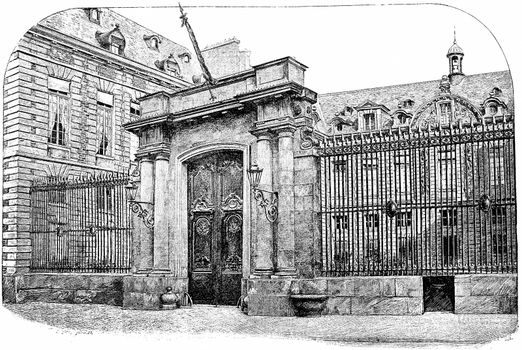 Entrance of the Hotel Mazarin (National Library), Street Petits-Champs, vintage engraved illustration. Paris - Auguste VITU – 1890.