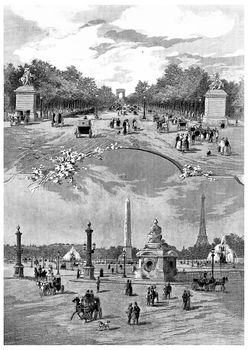 Place de la Concorde and Champs-Elysees avenue, vintage engraved illustration. Paris - Auguste VITU – 1890.