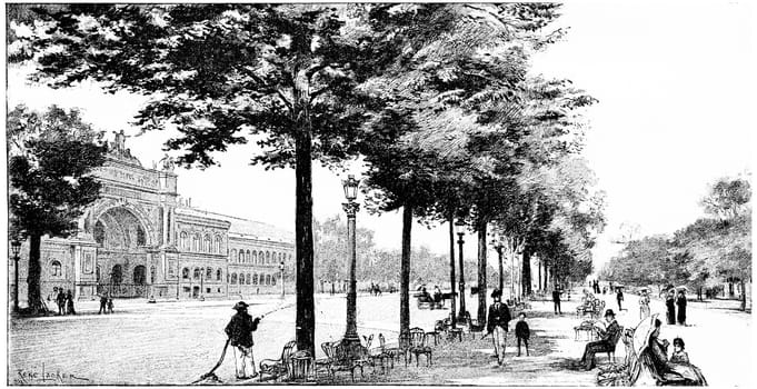Main entrance to the Palace of Industry, vintage engraved illustration. Paris - Auguste VITU – 1890.