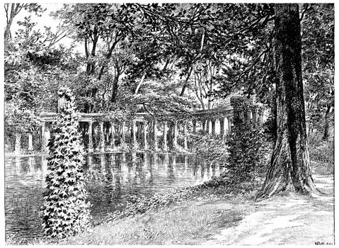 Parc Monceau, The Naumachie, vintage engraved illustration. Paris - Auguste VITU – 1890.