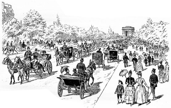 The Avenue at Bois de Boulogne, vintage engraved illustration. Paris - Auguste VITU – 1890.