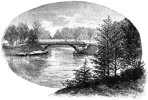 A rustic bridge over the Great Lake Bois de Boulogne, vintage engraved illustration. Paris - Auguste VITU – 1890.