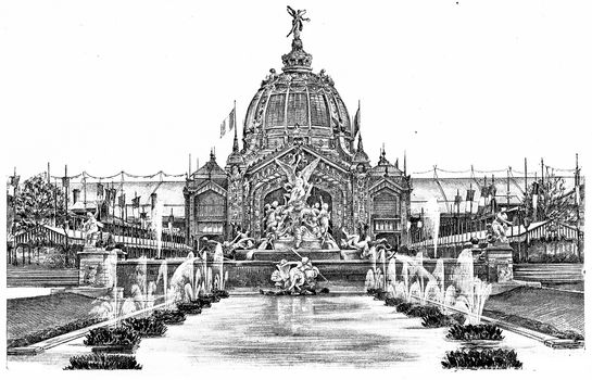 Coutan the fountain and the central dome, vintage engraved illustration. Paris - Auguste VITU – 1890.