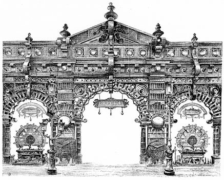 Decorative door of Metallurgy in the central gallery, vintage engraved illustration. Paris - Auguste VITU – 1890