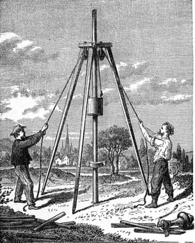 Drilling of wells instant, vintage engraved illustration. Industrial encyclopedia E.-O. Lami - 1875.
