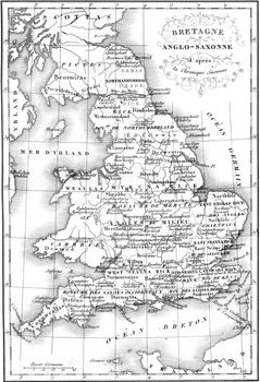 Britain Anglo-Saxon map, vintage engraved illustration. Colorful History of England, 1837.
