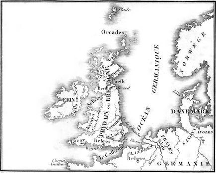 Map of Britain before the Roman conquest, vintage engraved illustration. Colorful History of England, 1837.
