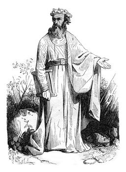 Druid after Meyrick, vintage engraved illustration. Colorful History of England, 1837.
