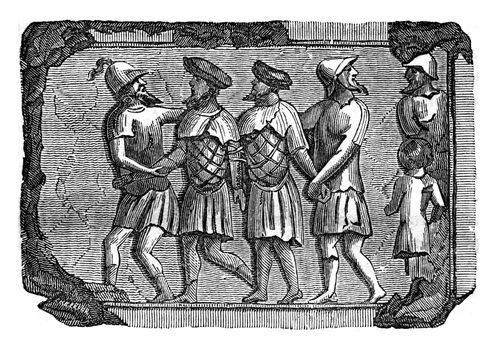 Bas-relief of the facts Bretons prisoners lags Antique Cabinet, vintage engraved illustration. Colorful History of England, 1837.
