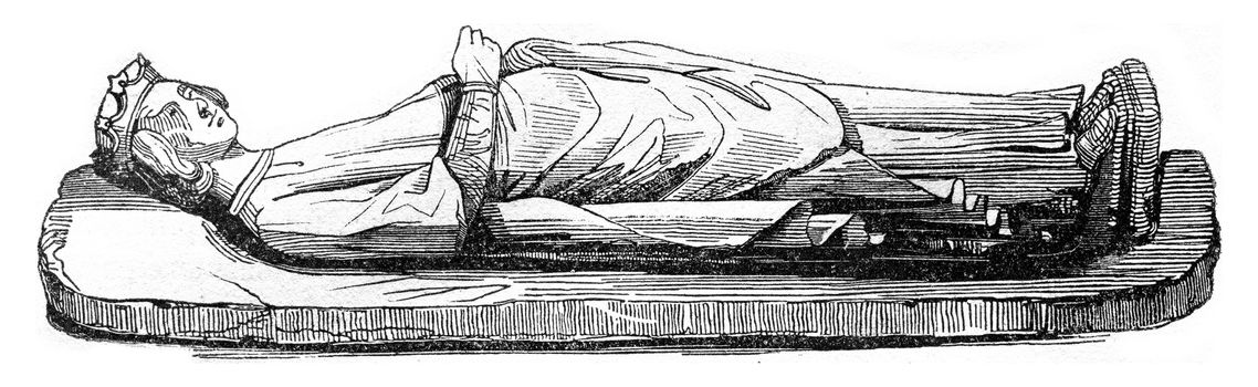 Statue of Ethelbert placed on his tomb in Hereford Cathedral, vintage engraved illustration. Colorful History of England, 1837.
