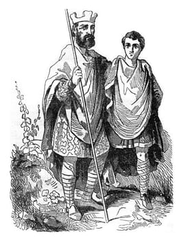 King Edgar and a noble Saxon, vintage engraved illustration. Colorful History of England, 1837.
