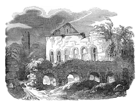 Ruins of the castle of Harcourt, Lillebonne, vintage engraved illustration. Colorful History of England, 1837.
