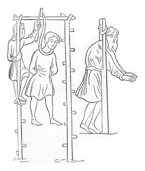 Gallows and pillory Saxon, vintage engraved illustration. Colorful History of England, 1837.
